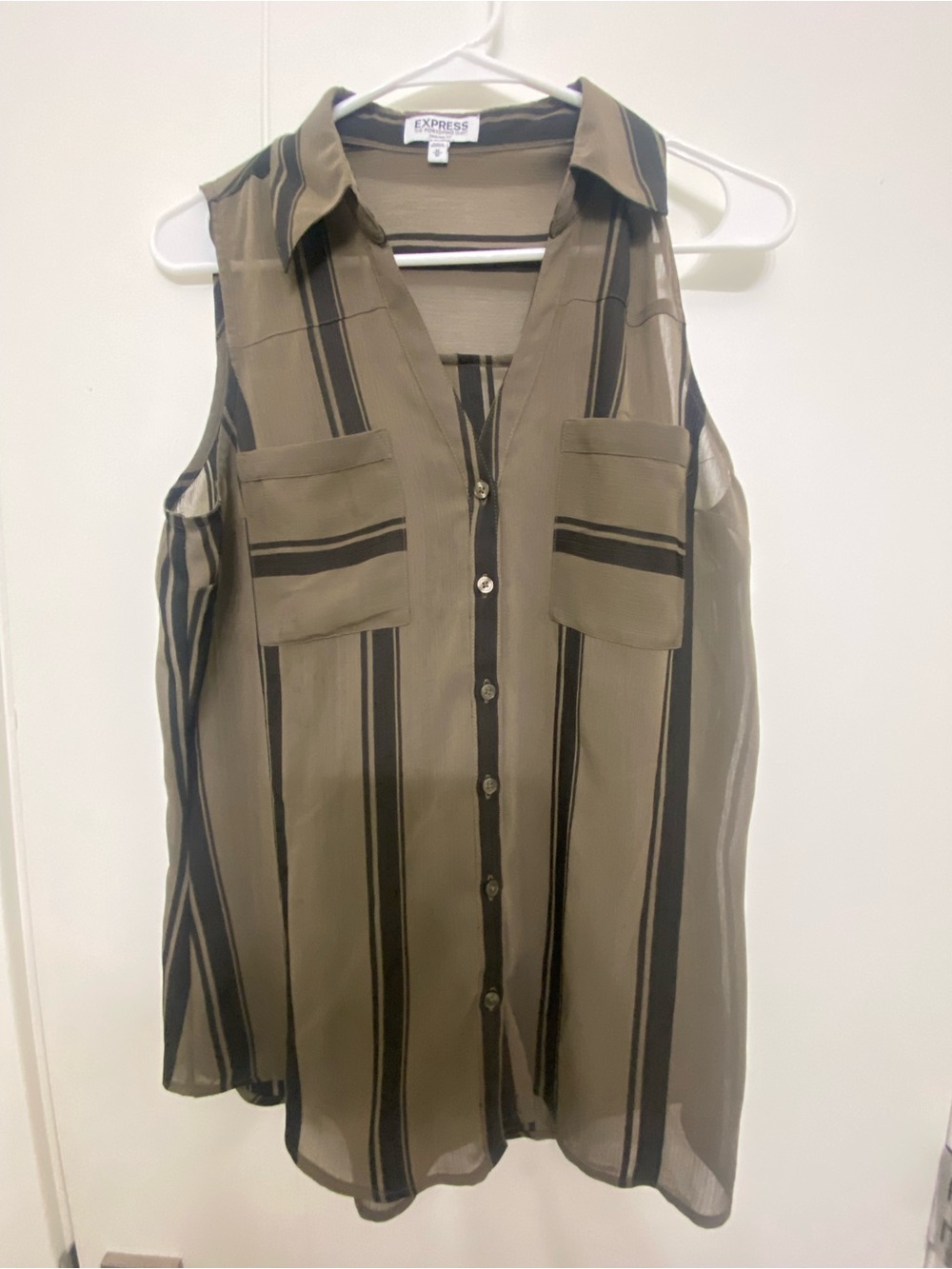 Express Olive and Black Striped Sleeveless Button-Down Shirt